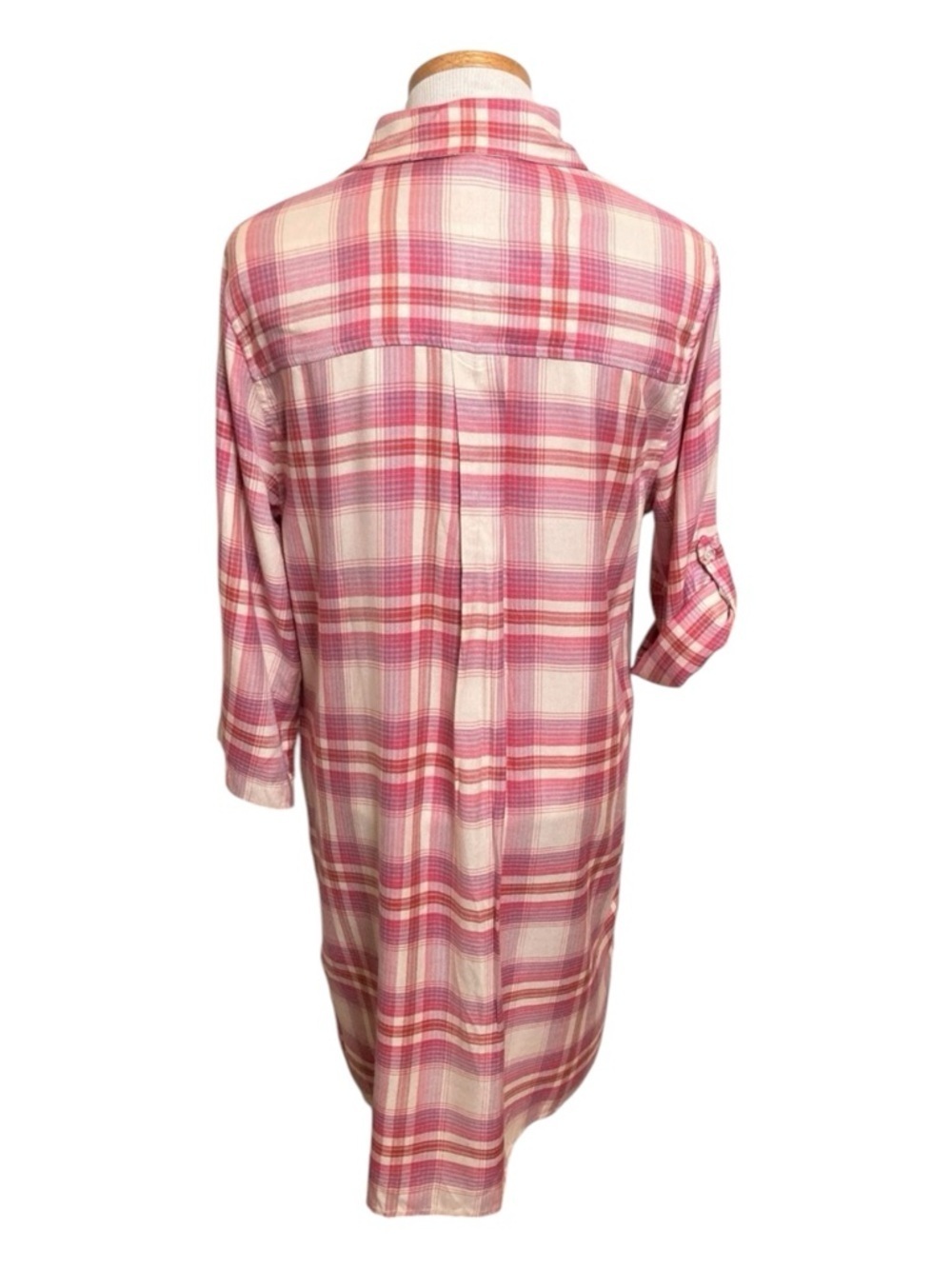 Elan Plaid Shirt Dress Medium Pink Roll Tab Sleeve Pocket Tunic Coastal Vacation - Picture 3 of 10